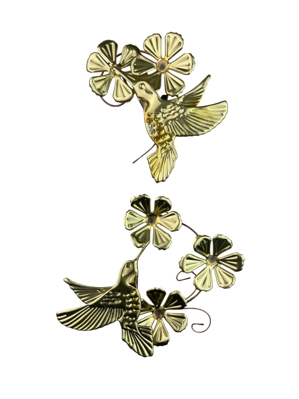 Vintage Brass Colored Hummingbird Floral Mid Century Modern Wall Art Pieces (2)